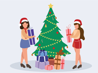 Happy people  preparing for Christmas holidays at home. People decorating Xmas tree. Presenting and buy gifts. Preparation for winter holidays. vector illustrations
