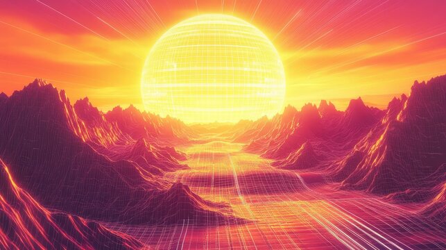 Synthwave digital landscape with futuristic sun and grid mountains