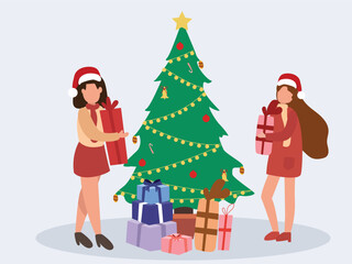 Happy people  preparing for Christmas holidays at home. People decorating Xmas tree. Presenting and buy gifts. Preparation for winter holidays. vector illustrations