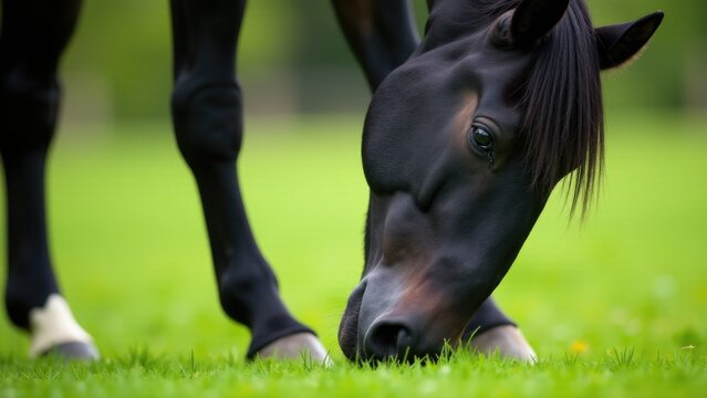 Close-up shot of a horse munching on grass