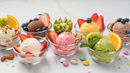 Variety of ice cream scoops in glass bowls, topped with strawberries, blueberries, kiwi, orange slices, and nuts. Bright, fruity and sweet presentation. Summer treat. - Powered by Adobe