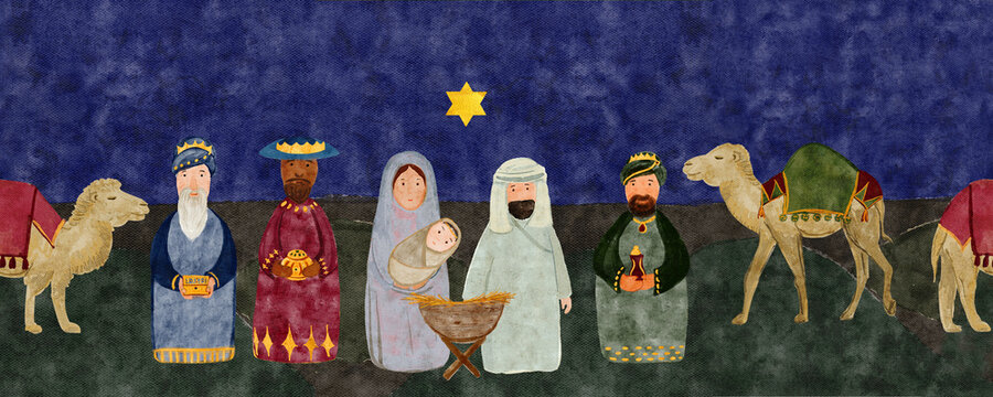Baby Jesus, Mary, Joseph, three wise men, and camels under the star of Bethlehem. Watercolor nativity scene on dark. Christian Christmas illustration perfect for cards, posters, books, church design.