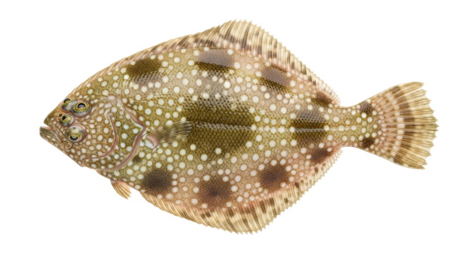 Isolated speckled flatfish flounder halibut with both eyes on same side of its head