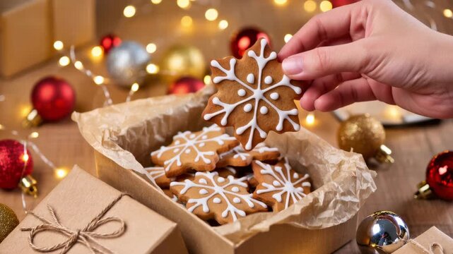 A hand picks a snowflake-shaped gingerbread cookie from a gift box filled with decorated Christmas cookies. Festive lights and baubles surround the scene. Cozy and sweet celebration.