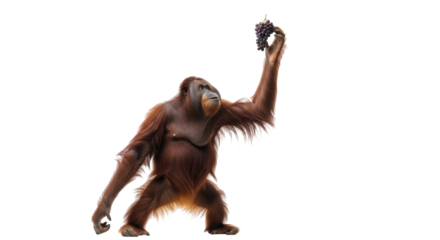 Isolated Orangutan holds up grapes to eat and enjoy, ape on its hind legs in a funny way