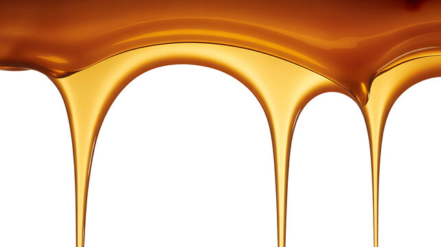 Golden liquid flowing in smooth streams against a white background