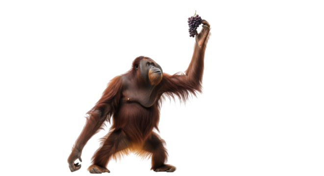 Isolated Orangutan holds up grapes to eat and enjoy, ape on its hind legs in a funny way