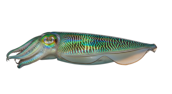 Isolated colorful Broadclub Cuttlefish floating in open water with an iridescent pattern