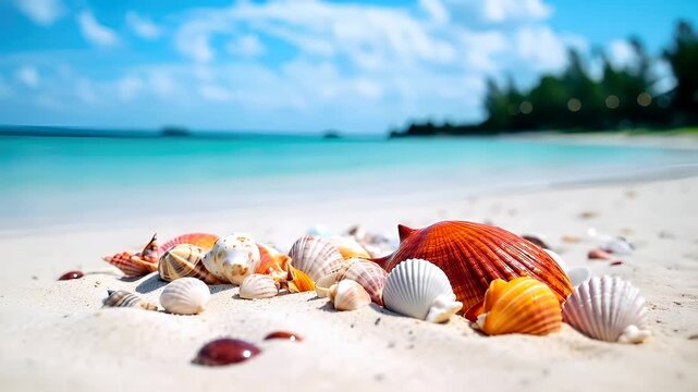 Aerial view of seashells on sandy beach with turquoise sea and clear sky.