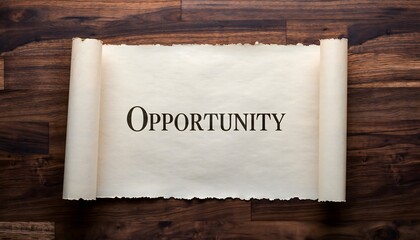 Photorealistic overhead shot of a luxurious, antique mahogany desk with a scroll of paper featuring the word "OPPORTUNITY."