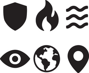 Essential black silhouette icons set: shield, flame, water, eye, globe, and location pin, perfect for digital design concepts. isolated on white background, Vector, illustration