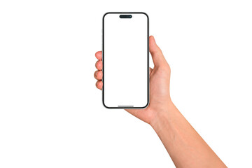 A hand showing a modern smartphone with a blank screen, isolated on transparent PNG.	