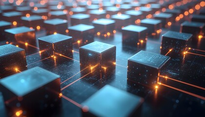 Obraz premium Futuristic data center concept showing glowing orange and blue interlinked metallic cubes in a dark, infinite grid