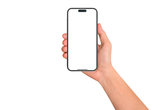 A hand showing a modern smartphone with a blank screen, isolated on transparent PNG.