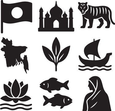 Collection of national and cultural symbols of bangladesh, including flag, map, royal bengal tiger, mosque, boat, lotus, fish, and traditional woman isolated on white background, Vector, illustration