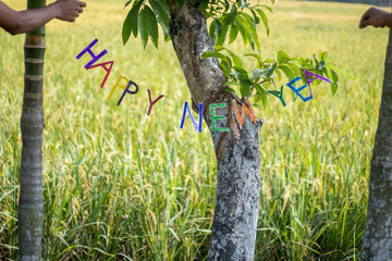 Happy new year message strung on a tree in a field