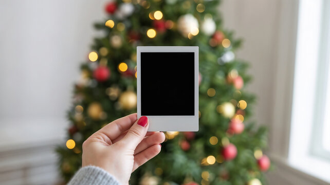 Hand holding blank polaroid photo with Christmas tree background