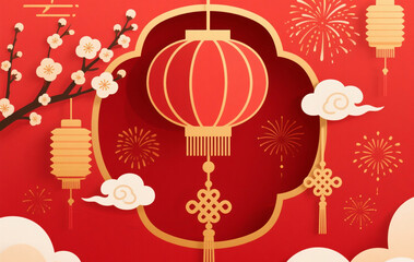 Chinese New Year festive mockup with red and gold palette, lanterns, fireworks, plum blossoms, Chinese knots, elegant paper-cut style, high-detail background for banners, posters, and social media