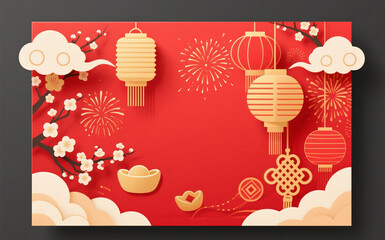 Chinese New Year festive mockup with red and gold palette, lanterns, fireworks, plum blossoms, Chinese knots, elegant paper-cut style, high-detail background for banners, posters, and social media