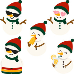 Cute Simple Snowman Summer Vibes Set – Sunglasses, Ice Pop, Juice, Swimsuit Illustration