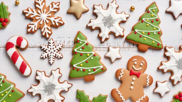 Assorted decorated Christmas cookies in shapes of gingerbread men, trees, snowflakes, and stars on white table. Colorful icing and festive design. Cheerful and sweet celebration.