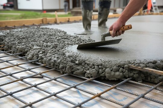 Wet concrete being smoothed with trowel smoothing construction