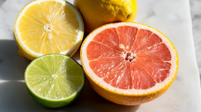 Vibrant Citrus Slices Fresh Lemons Grapefruit Lime Healthy Refreshing Ingredients 4K Ai HD high quality video.	
