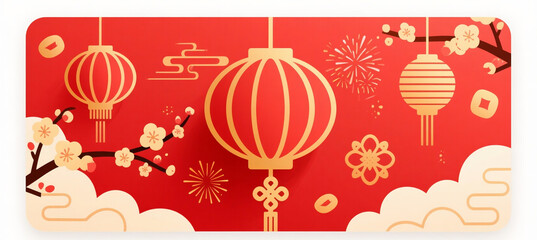 Chinese New Year festive mockup with red and gold palette, lanterns, fireworks, plum blossoms, Chinese knots, elegant paper-cut style, high-detail background for banners, posters, and social media