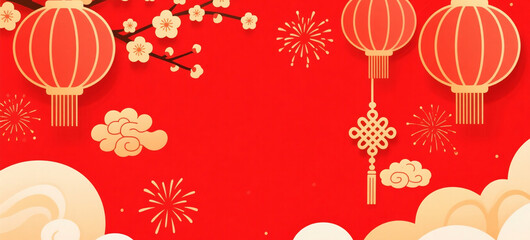 Chinese New Year festive mockup with red and gold palette, lanterns, fireworks, plum blossoms, Chinese knots, elegant paper-cut style, high-detail background for banners, posters, and social media