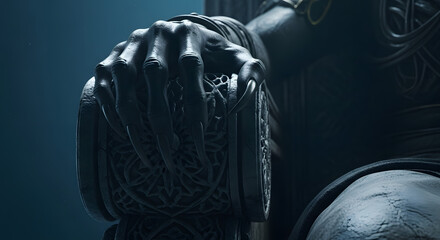 Dark fantasy character with clawed hand gripping ornate throne arm in dim lighting