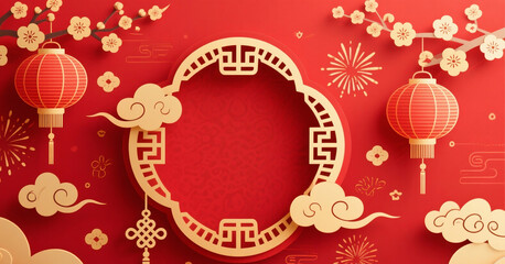 Chinese New Year festive mockup with red and gold palette, lanterns, fireworks, plum blossoms, Chinese knots, elegant paper-cut style, high-detail background for banners, posters, and social media