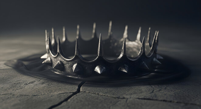 Dark spiked crown resting on cracked stone surface in dramatic lighting atmosphere