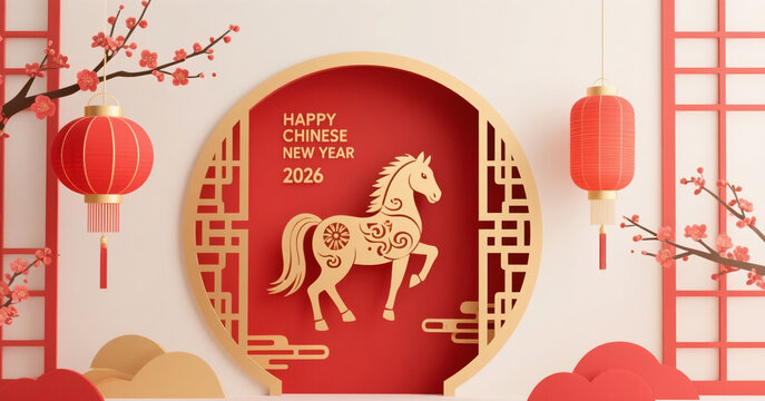 Happy Chinese New Year 2026, Year of the Horse, minimalist red and gold design, paper-cut motifs, stylized lanterns and blossoms, clean lines, modern Asian aesthetic, elegant festive vibe