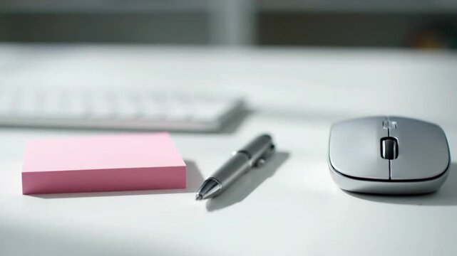 A clean modern workspace features pink sticky notes, a pen, and a computer mouse on a white desk.
