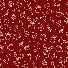 Simple red and beige Christmas Doodle Seamless Pattern
