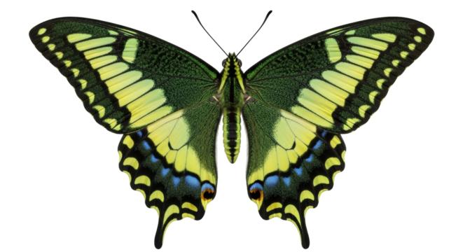 Isolated colorful butterfly Papilio machaon, yellow and black swallowtail wings spread out