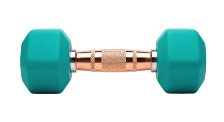 Isolated Teal dumbbell with a textured metallic handle for strength and fitness training
