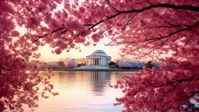 cherry blossoms in full bloom along the tidal basin during sunset, with the Jefferson Memorial in the background.
