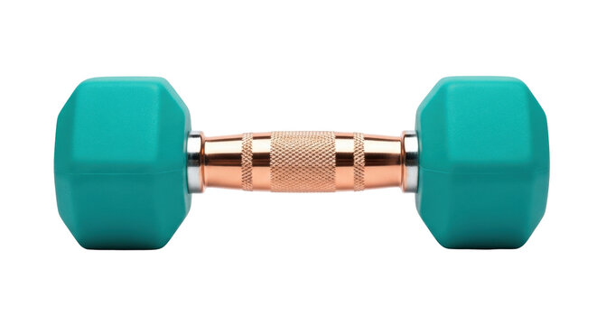 Isolated Teal dumbbell with a textured metallic handle for strength and fitness training - Powered by Adobe