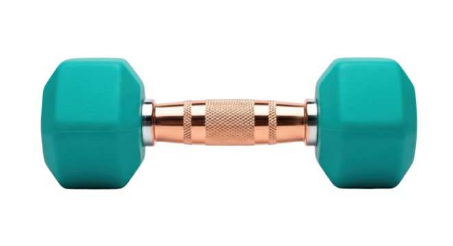 Isolated Teal dumbbell with a textured metallic handle for strength and fitness training
