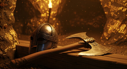 Viking helmet and axe resting on wooden planks inside a dimly lit golden cave scene