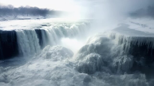 Aerial view of a frozen landscape with a waterfall and snowcovered ground. The scene is dominated by a misty atmosphere.