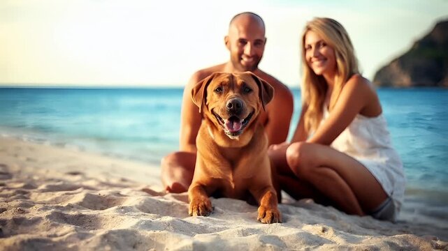 A man and woman sitting on a sandy beach with a dog, with the ocean in the background. The woman is wearing a white dress, and the man is in a white shirt and shorts. - Powered by Adobe