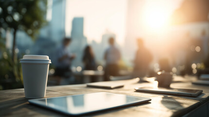 A coffee cup, whiteboard, and digital tablet