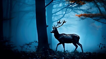A vivid portrayal of a majestic stag standing in a misty forest, bathed in a cool blue hue. The stags antlers are prominently displayed, and its coat is a rich, dark brown.