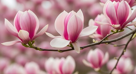 Obraz premium Delicate pink magnolia blossoms open on a tree branch in spring.