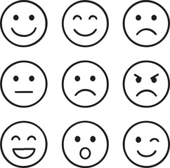 A comprehensive collection of diverse minimalist line art emoticons and emoji expressions representing a wide spectrum of human emotions. isolated on white background, Vector, illustration
