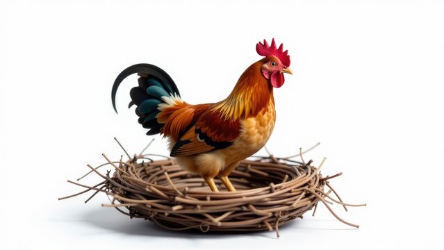 A rooster perched on top of its nest, alert and vigilant