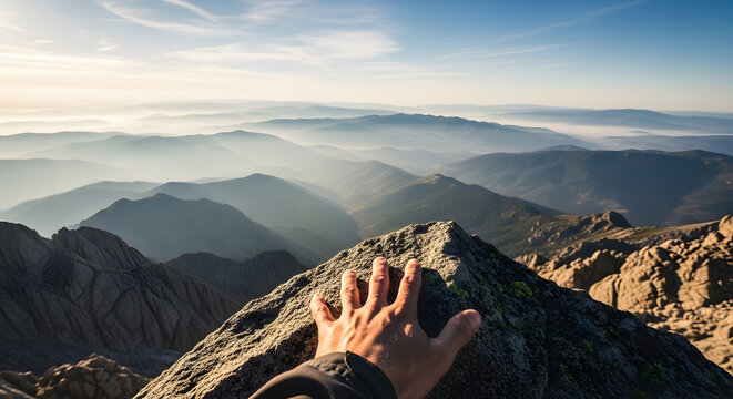 Hand reaching out towards mountain range view on a sunny day at high altitude