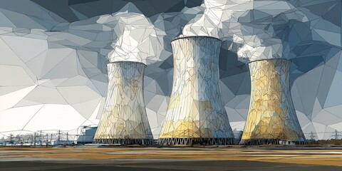 Three cooling towers release steam into a polygonal sky showcasing industrial power and environmental impact with a modern artistic style